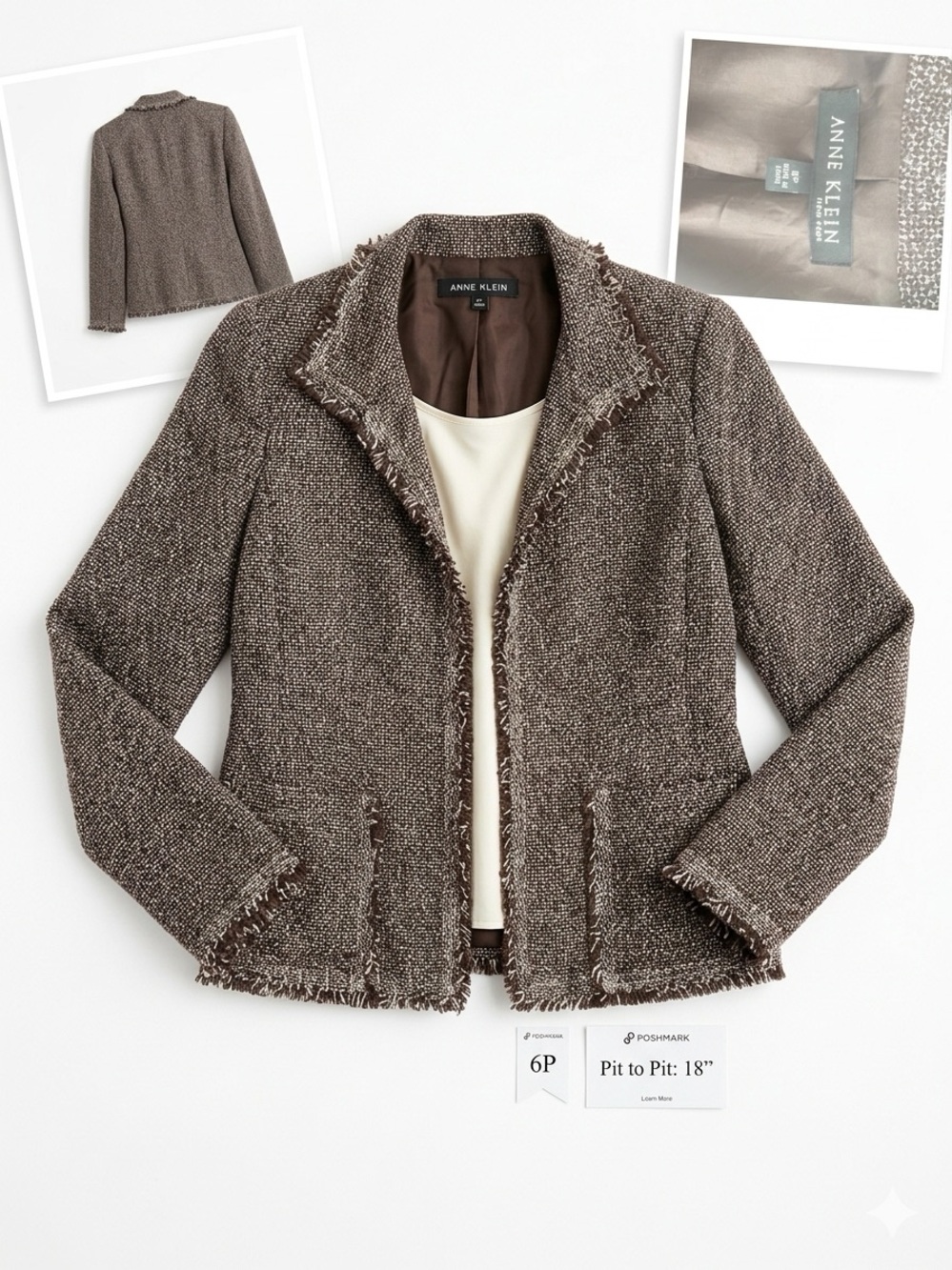 Anne Klein Classic Heritage Brown Tweed Fringed Blazer Jacket French Girl 6P